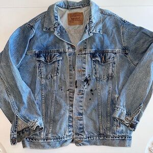 Vtg Men’s XL Distressed Levi’s Jean Denim Jacket Trucker Paint Splatters Fraying
